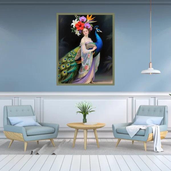 Lady with Peacock Printable Wall Art for Home, Office, Digital Downloads
