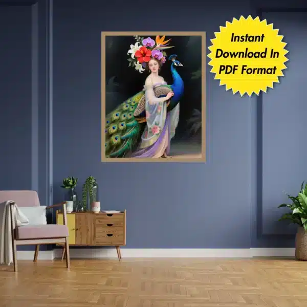 Lady with Peacock Printable Wall Art for Home, Office, Digital Downloads