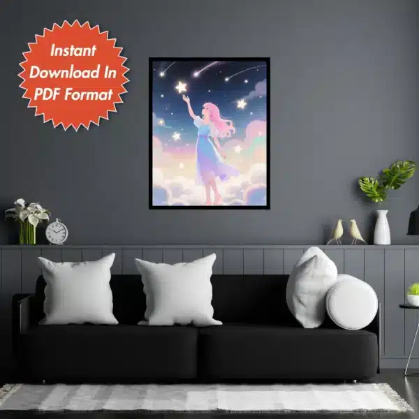 Girl With Star Printable Wall Art for Home, Office, Digital Downloads