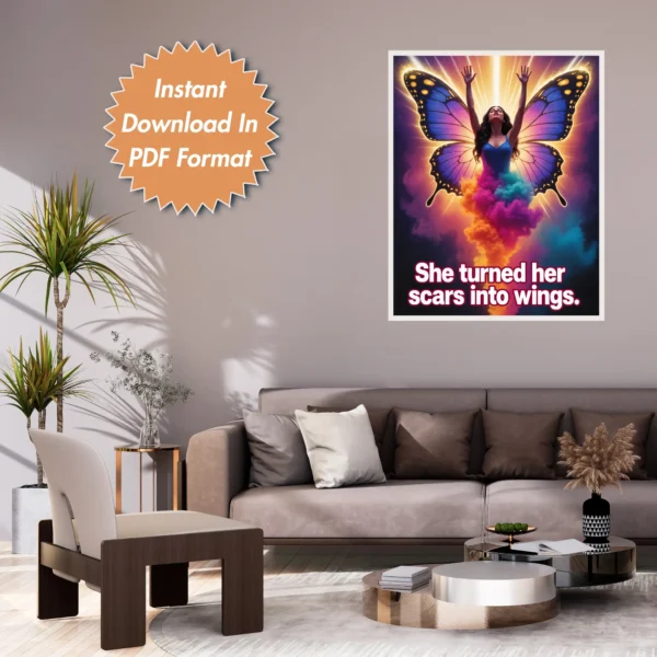 She Turned Her Scars Into Wings Printable Wall Art for Home, Office, Digital Downloads